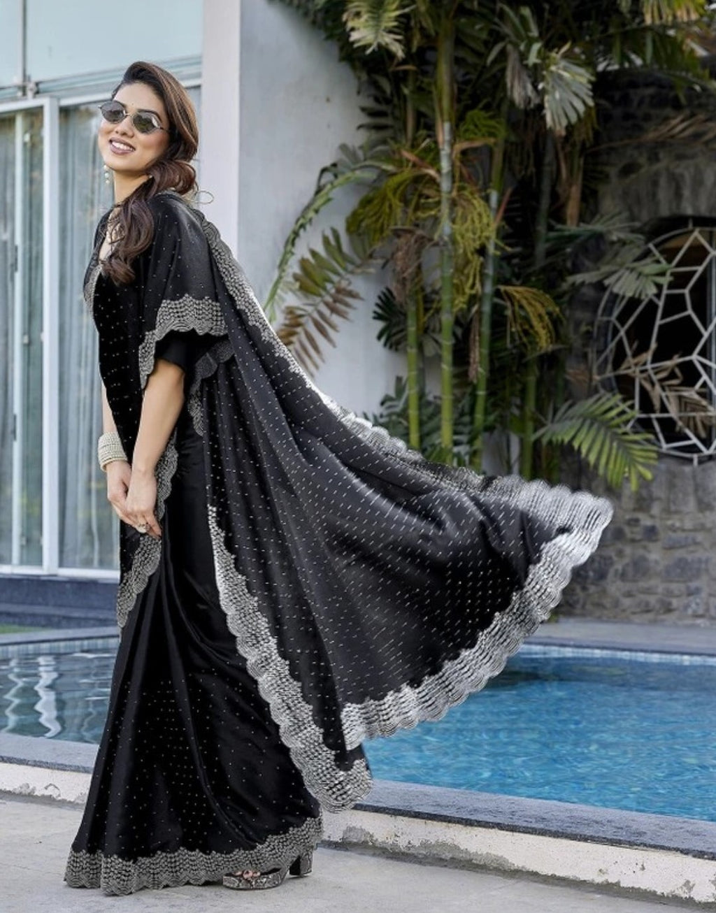 Luxury Satin Silk Saree with Siroski Stone Work for Wedding & PartyK-32-Necklece bodar work Black