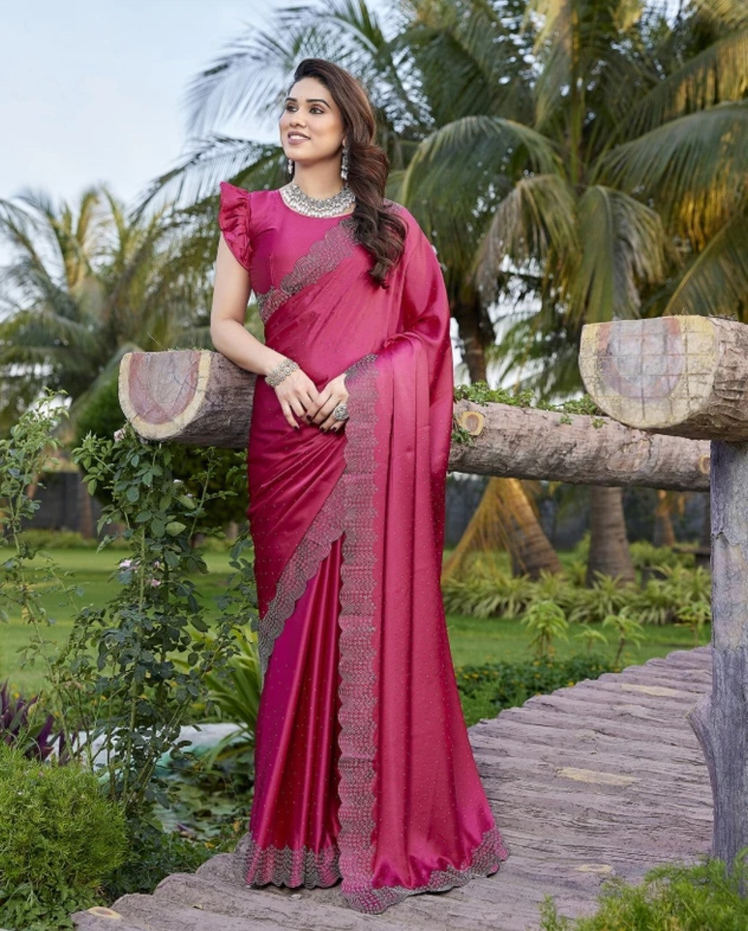 Premium Satin Silk Saree with Swarovski (Siroski) Stone & Cut Work K-32-Necklece bodar work Gajari