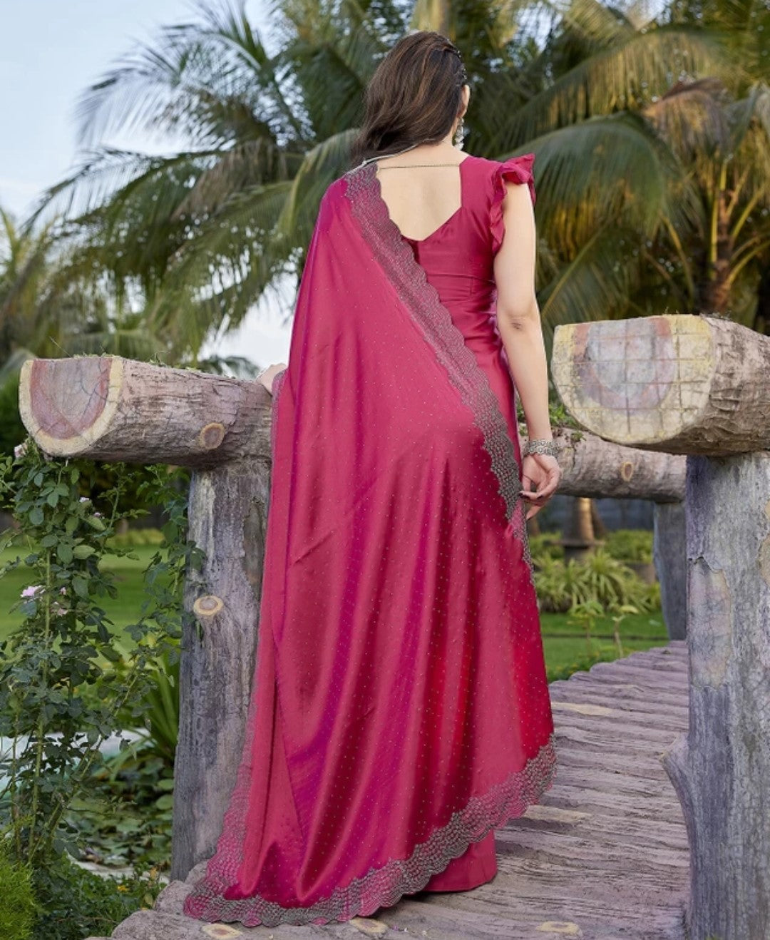 Premium Satin Silk Saree with Swarovski (Siroski) Stone & Cut Work K-32-Necklece bodar work Gajari