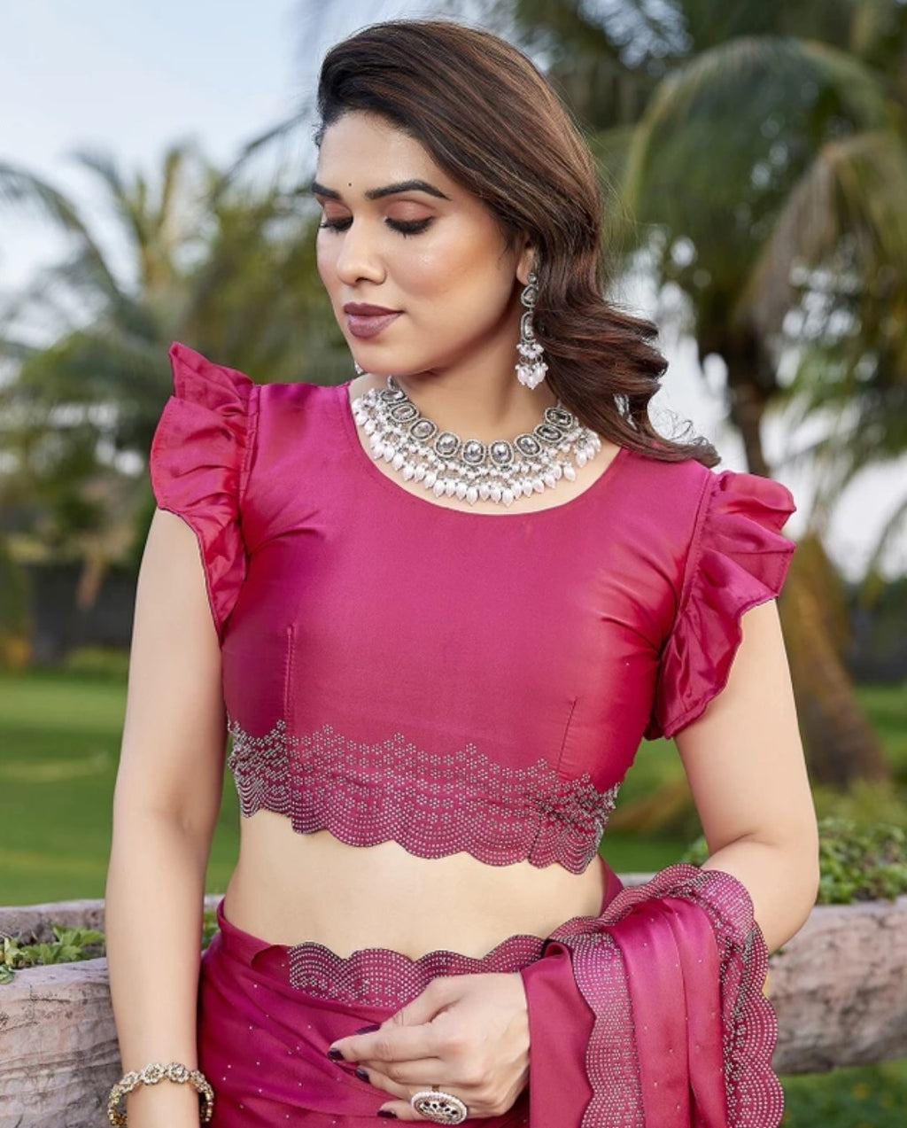 Premium Satin Silk Saree with Swarovski (Siroski) Stone & Cut Work K-32-Necklece bodar work Gajari