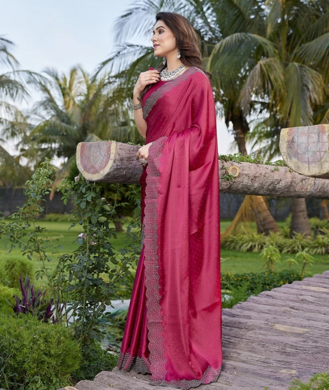 Premium Satin Silk Saree with Swarovski (Siroski) Stone & Cut Work K-32-Necklece bodar work Gajari