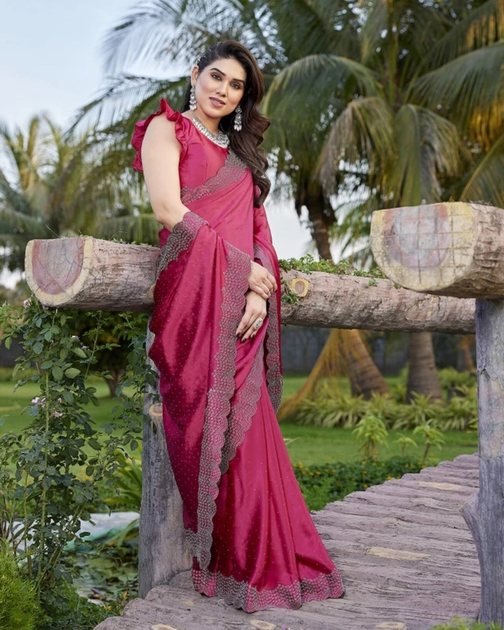 Premium Satin Silk Saree with Swarovski (Siroski) Stone & Cut Work K-32-Necklece bodar work Gajari