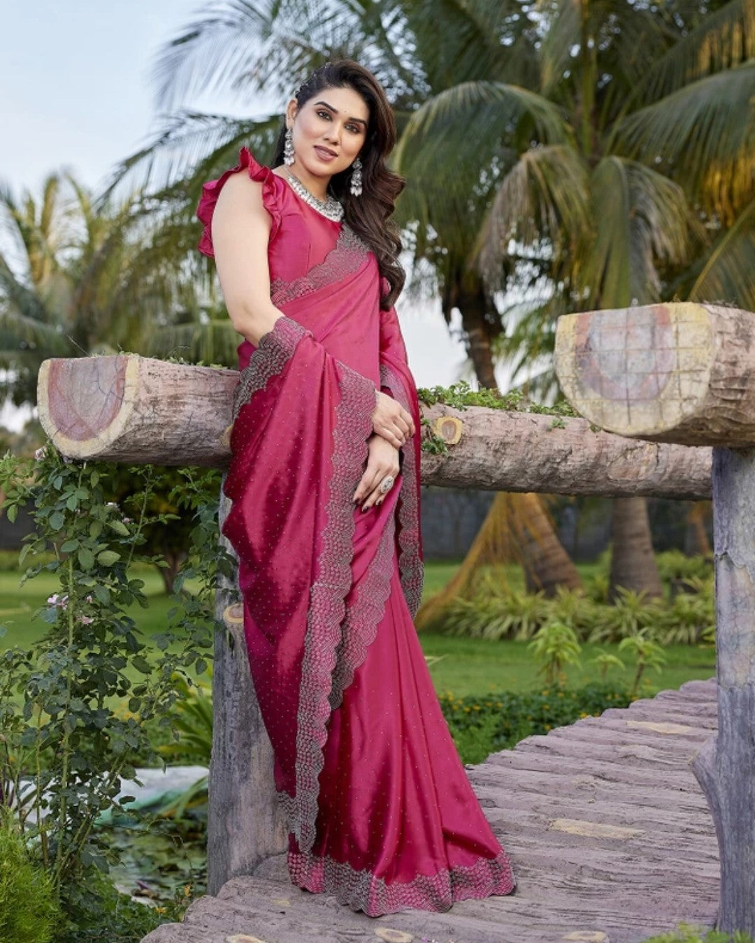 Premium Satin Silk Saree with Swarovski (Siroski) Stone & Cut Work K-32-Necklece bodar work Gajari