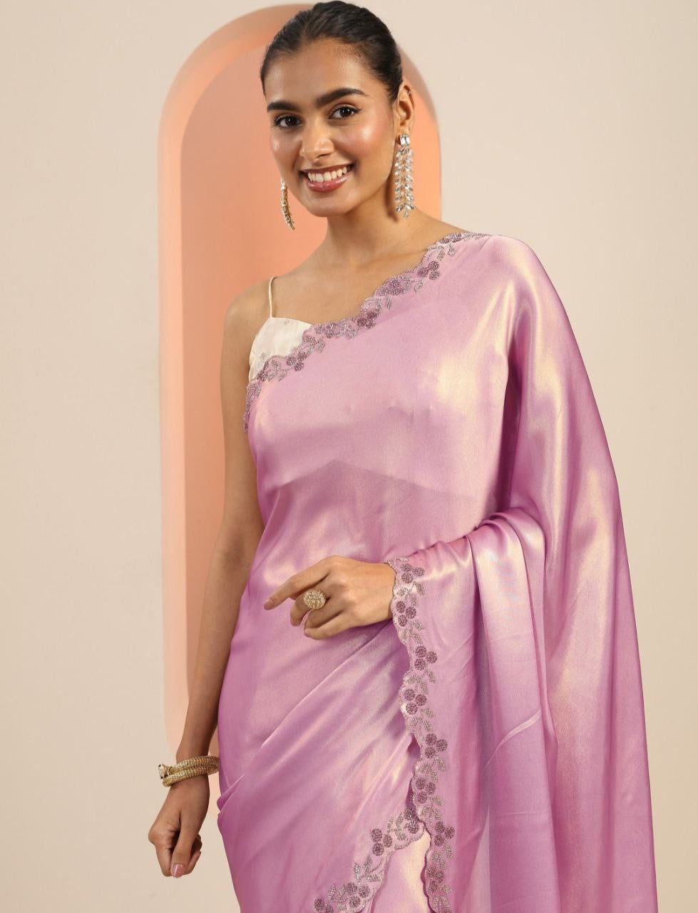 Exclusive Designer Pure Satin Silk Cut Work Siroski border work saree