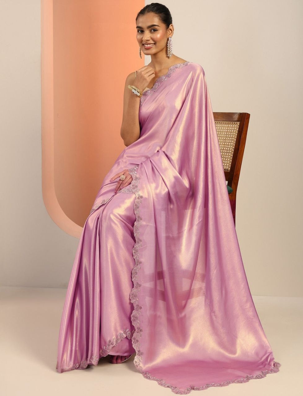 Exclusive Designer Pure Satin Silk Cut Work Siroski border work saree