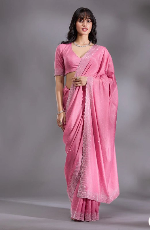 Women's Heavy Satin silk Lavender Colors Siroski work Cut work Saree