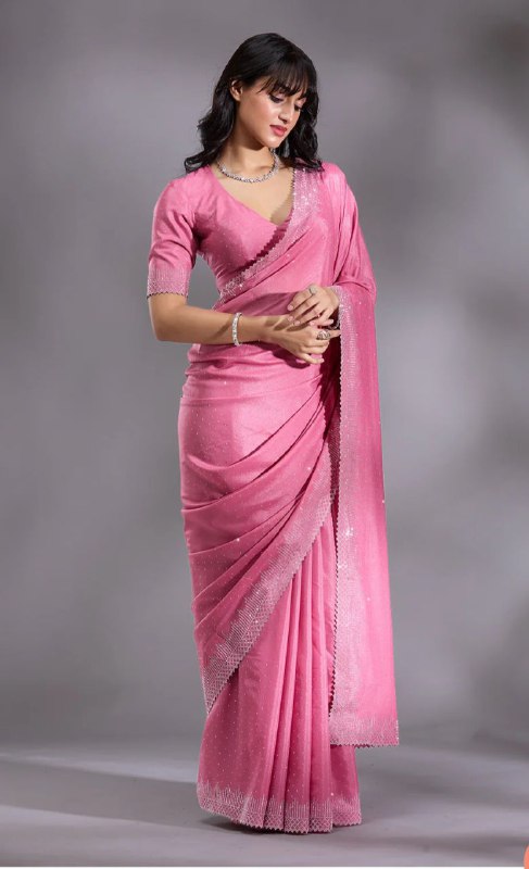 Women's Heavy Satin silk Lavender Colors Siroski work Cut work Saree