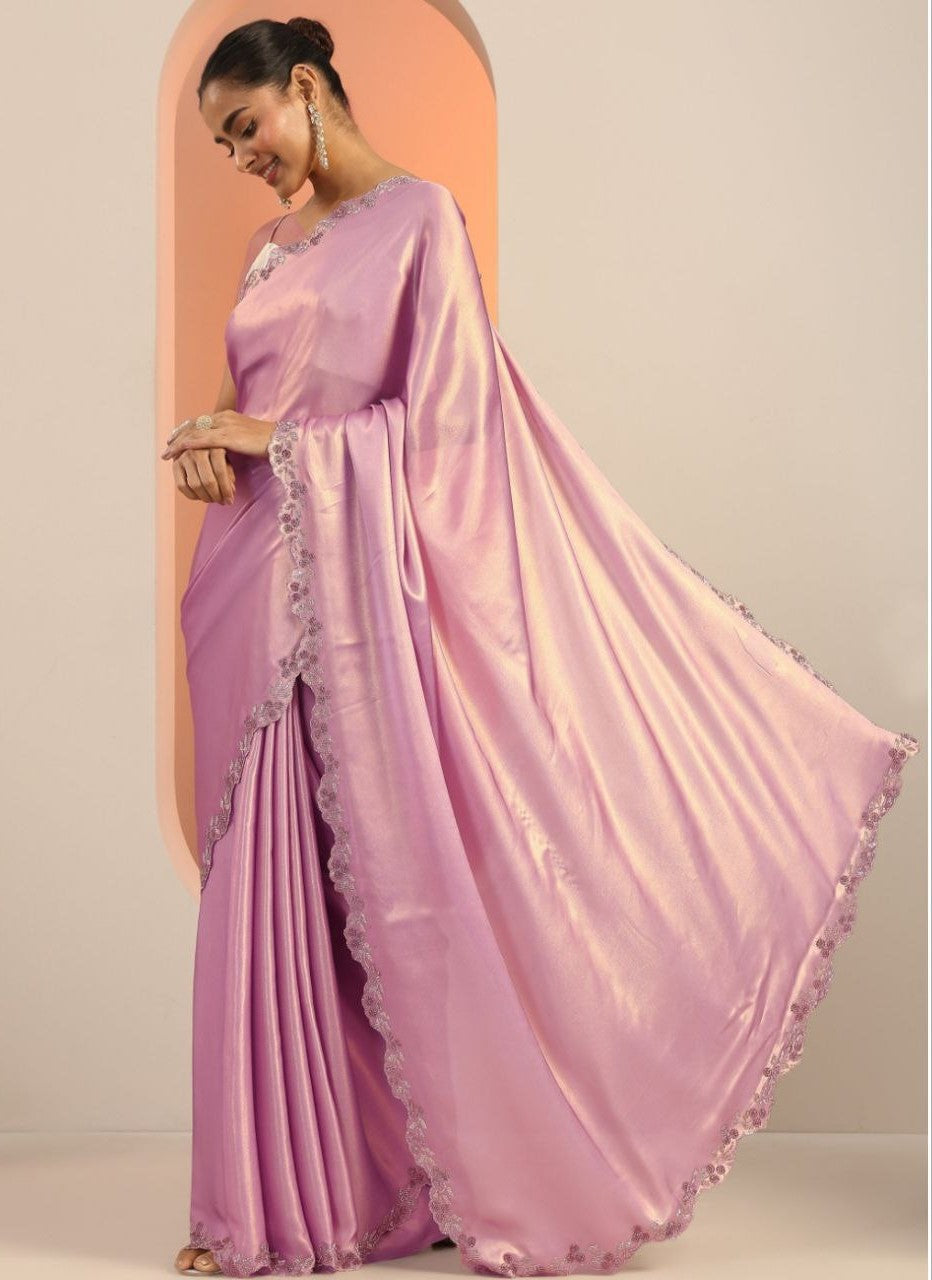 Exclusive Designer Pure Satin Silk Cut Work Siroski border work saree