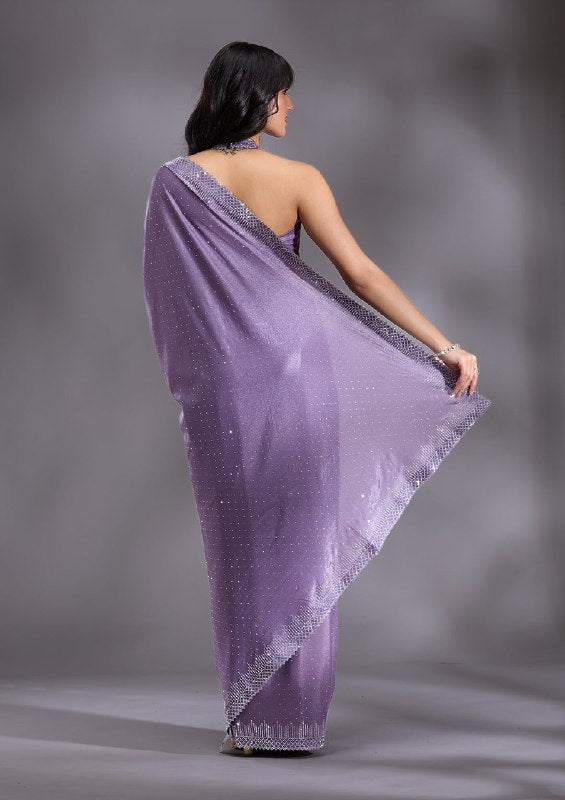 Women's Heavy Satin silk Lavender Colors Siroski work Cut work Saree with