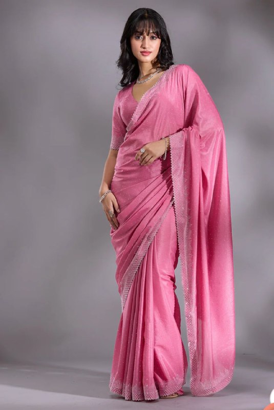 Women's Heavy Satin silk Lavender Colors Siroski work Cut work Saree