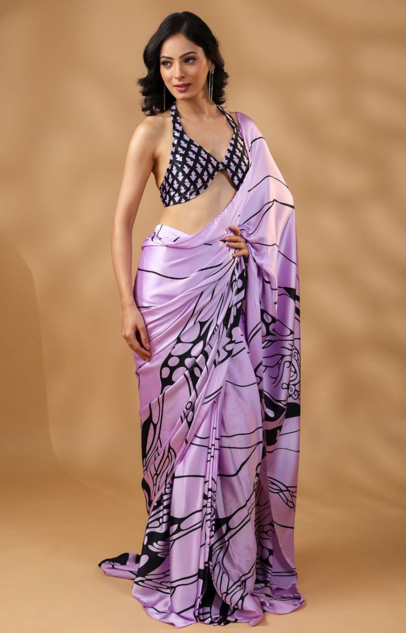 "Elegant Women's Digital Printed Japan Satin Silk Saree with Blouse - Beautiful Floral Design"