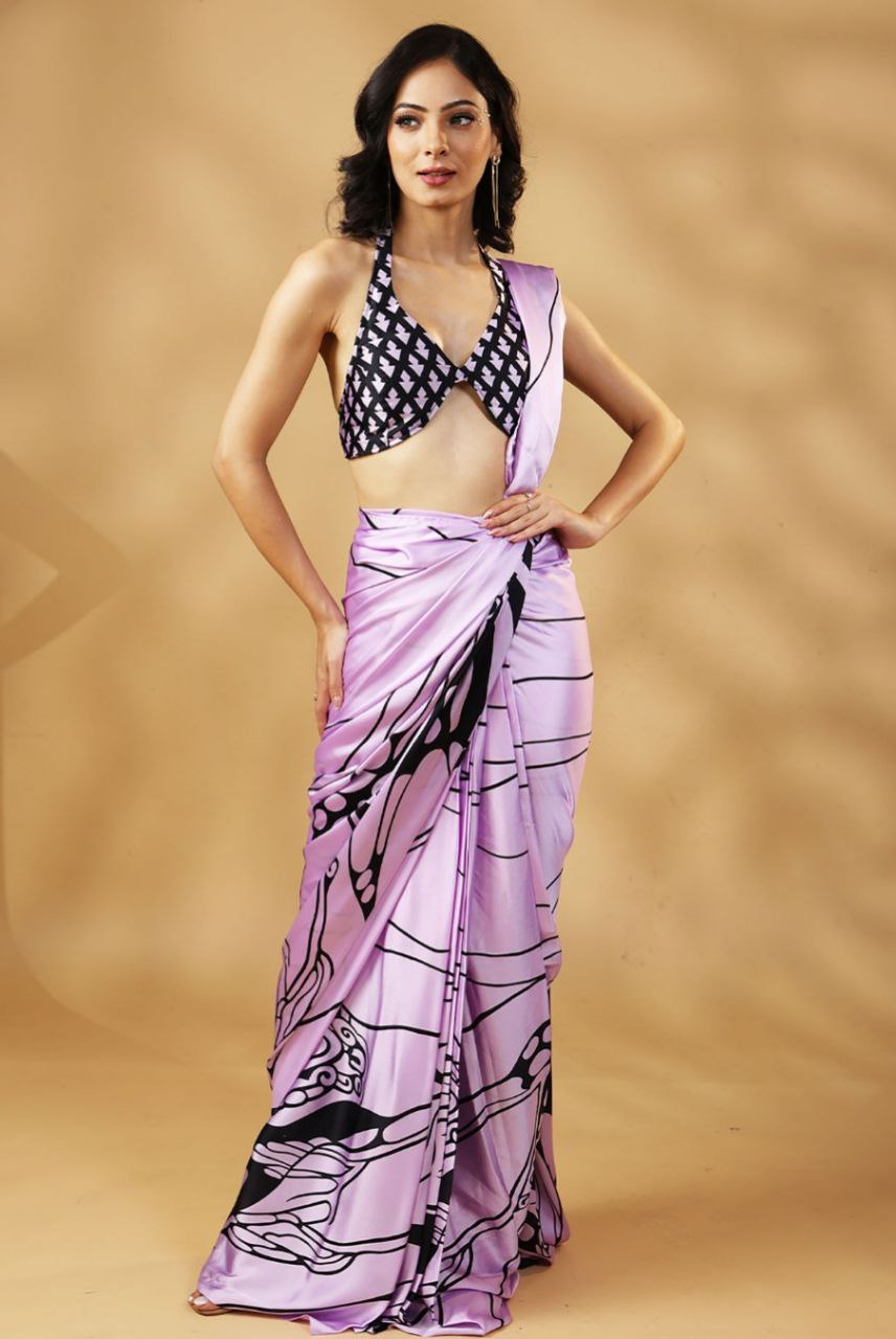 "Elegant Women's Digital Printed Japan Satin Silk Saree with Blouse - Beautiful Floral Design"