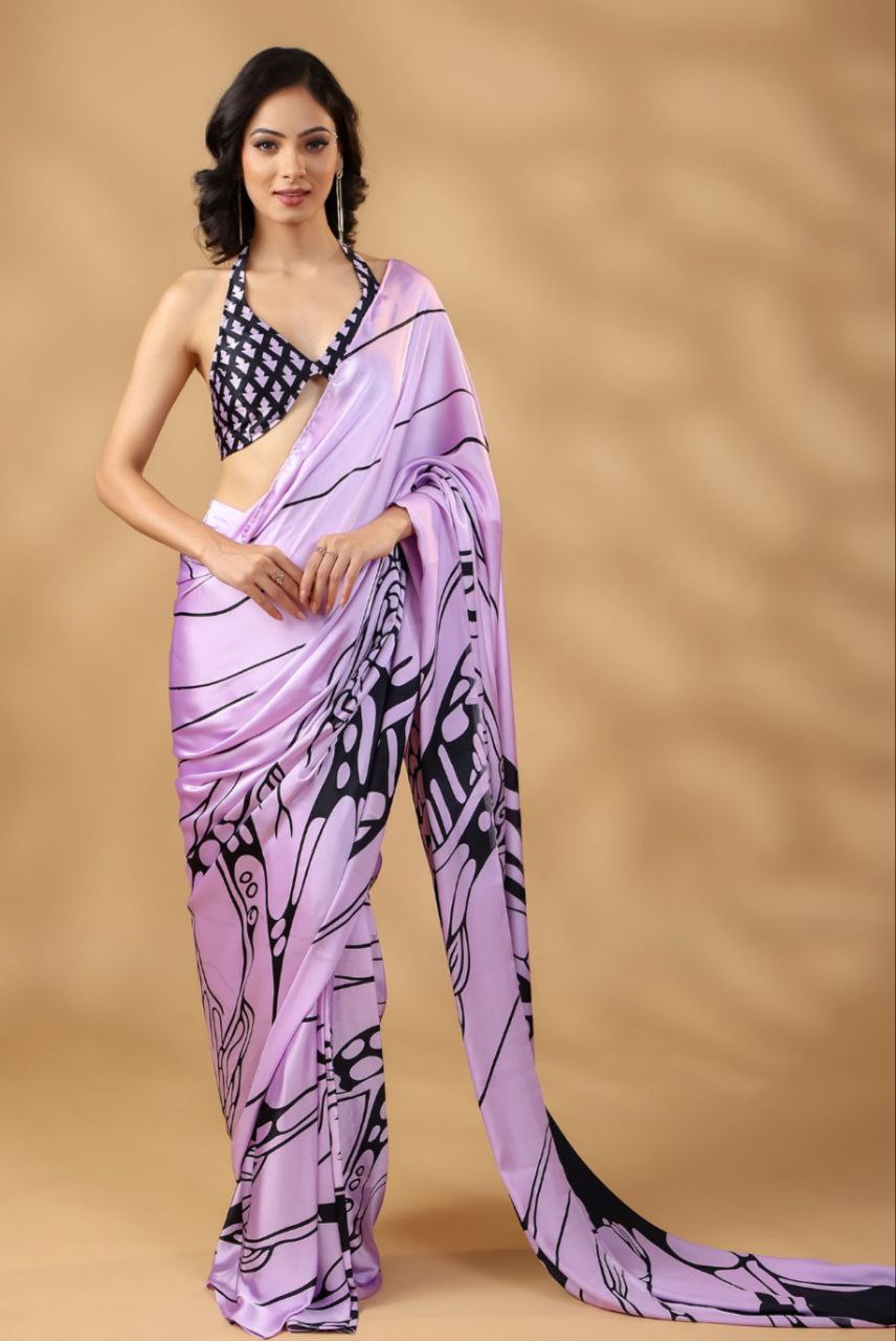 "Elegant Women's Digital Printed Japan Satin Silk Saree with Blouse - Beautiful Floral Design"