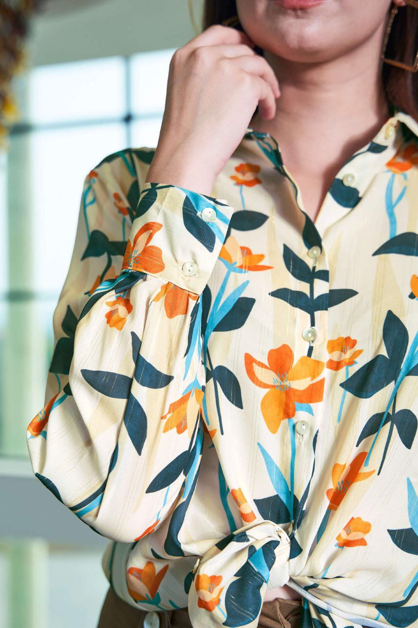 Women’s Floral Crepe Oversized Shirt | Korean Style Loose