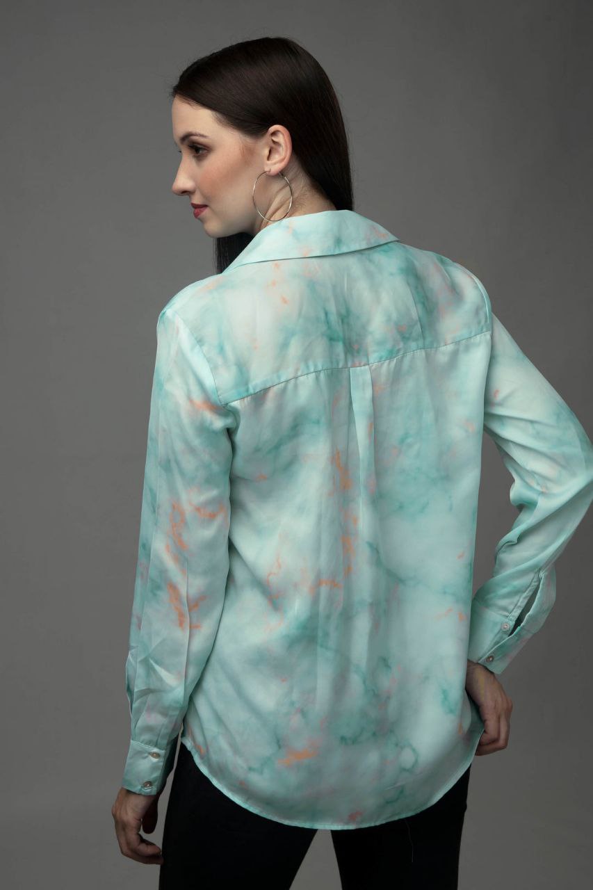 Women’s Printed Collared Neck Shirt | Stylish Tie-Dye Long Sleeve Button
