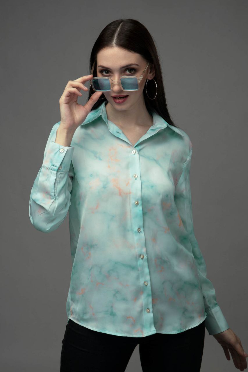 Women’s Printed Collared Neck Shirt | Stylish Tie-Dye Long Sleeve Button