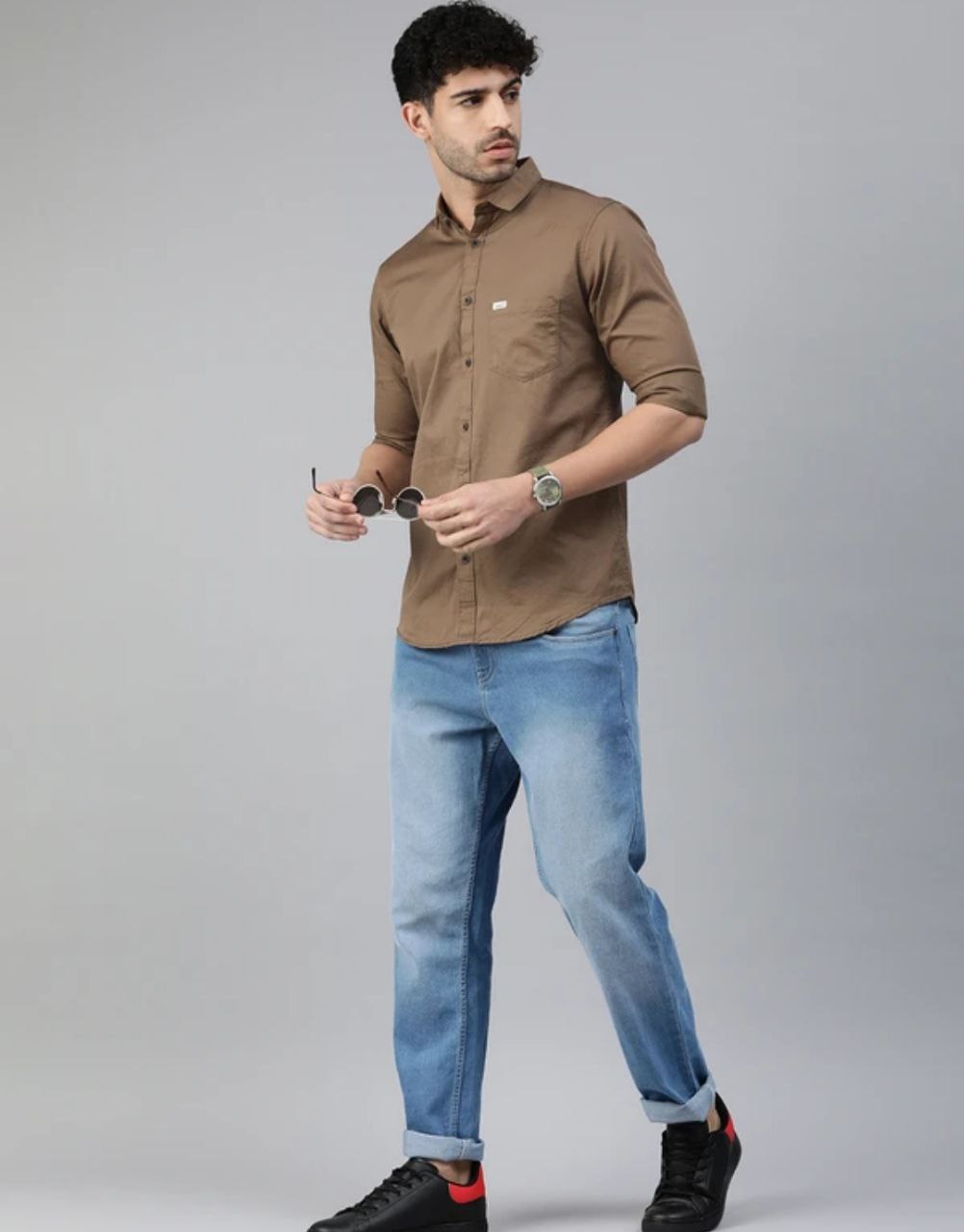 Classic Earth Tone Full Sleeve Button-Down Shirt for Men, Featuring a Comfortable Cotton Blend and Rolled Sleeves