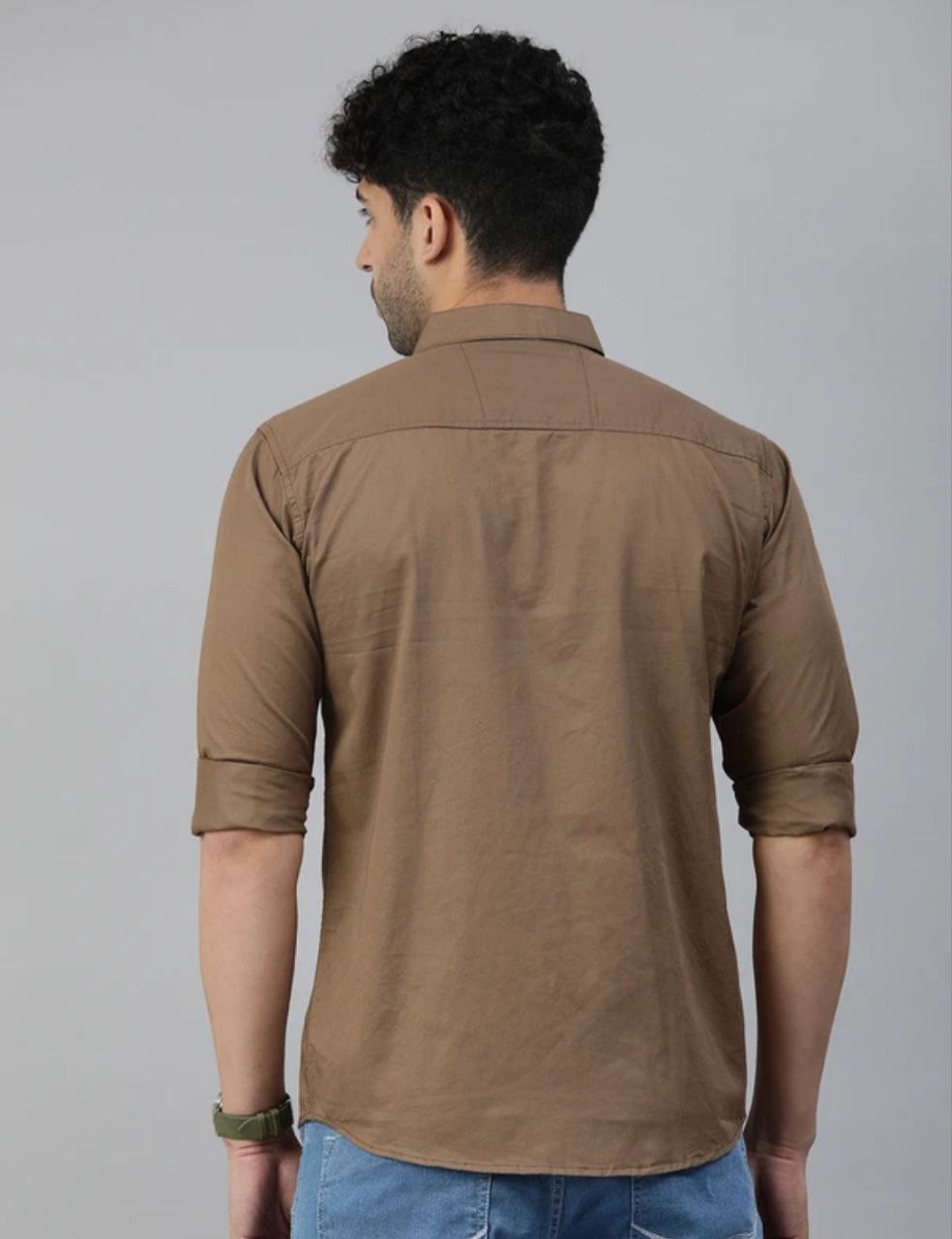 Classic Earth Tone Full Sleeve Button-Down Shirt for Men, Featuring a Comfortable Cotton Blend and Rolled Sleeves