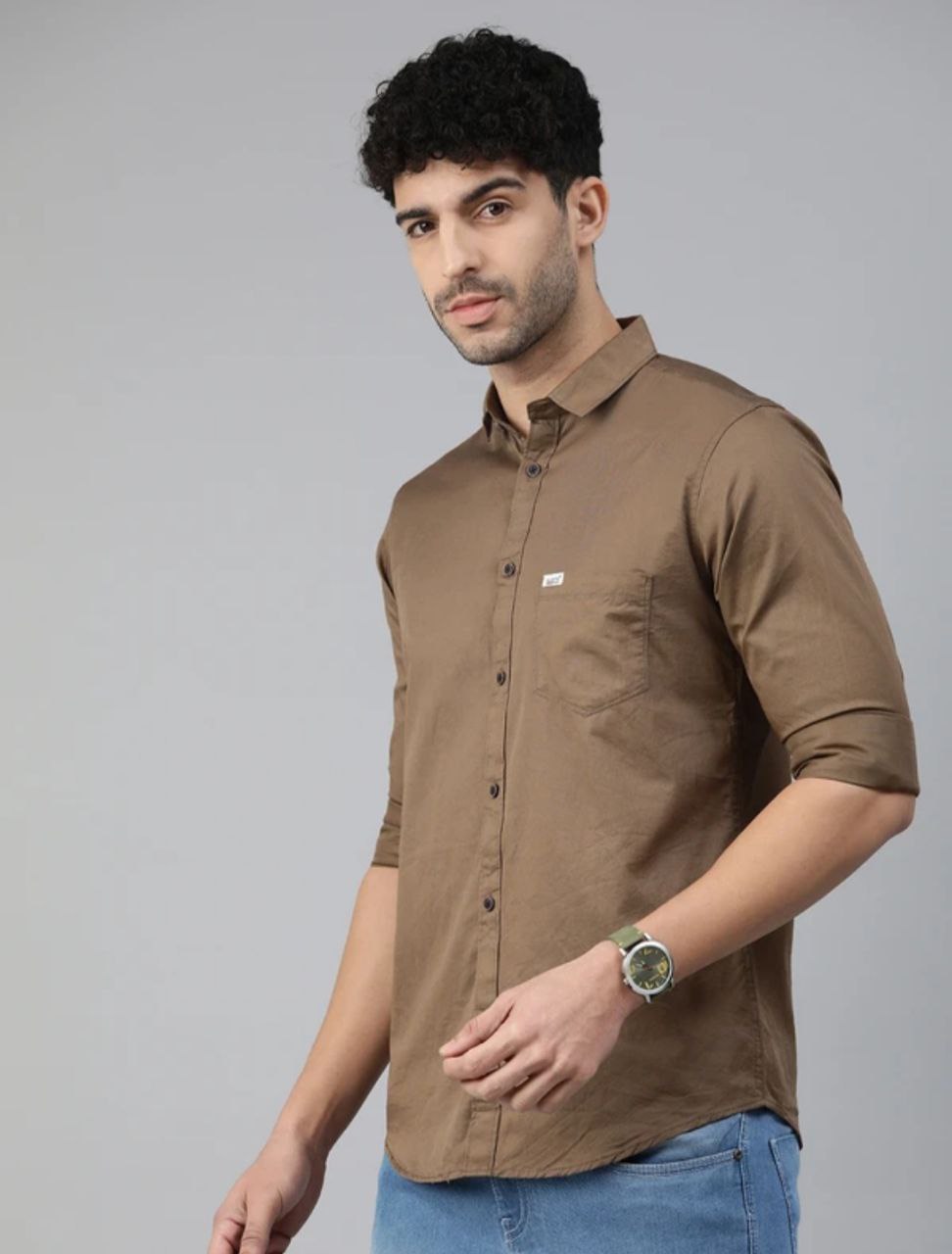 Classic Earth Tone Full Sleeve Button-Down Shirt for Men, Featuring a Comfortable Cotton Blend and Rolled Sleeves