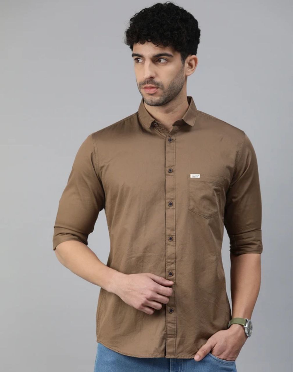Classic Earth Tone Full Sleeve Button-Down Shirt for Men, Featuring a Comfortable Cotton Blend and Rolled Sleeves