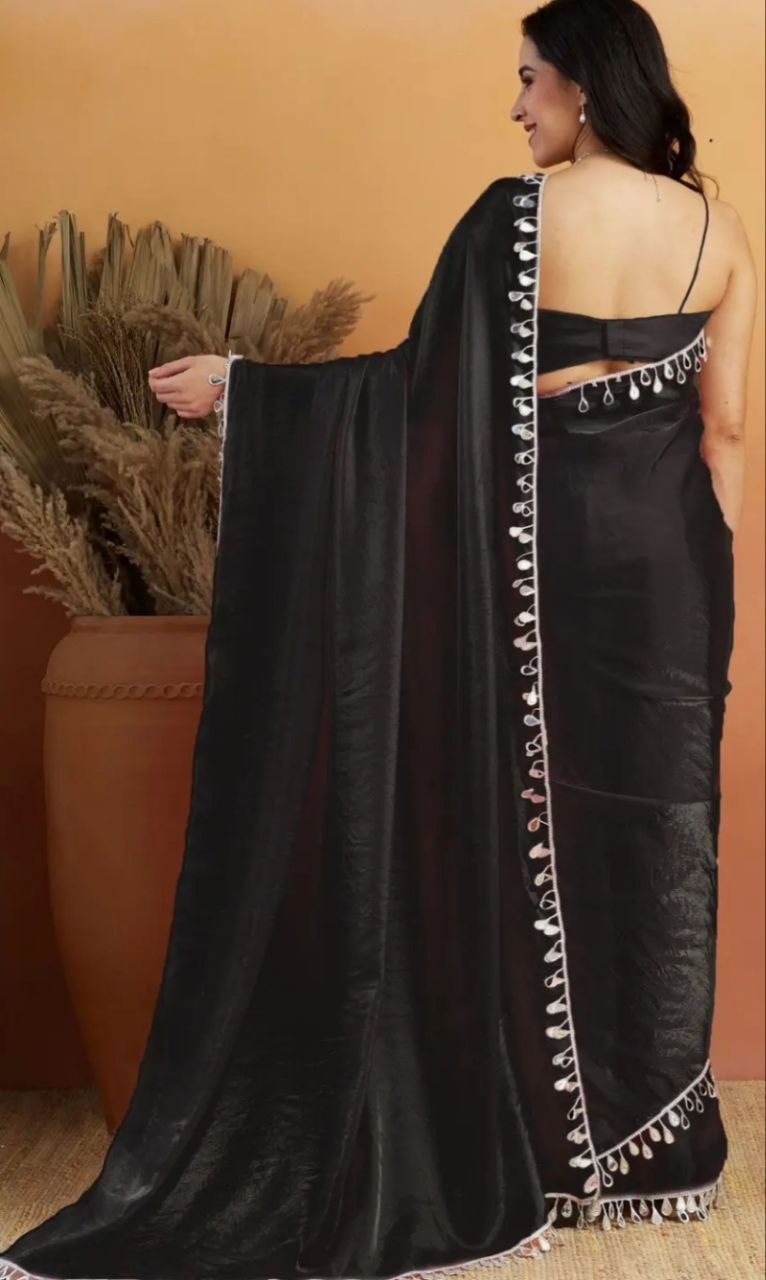 Pink Satin Silk Saree with Minimal Mirror Work – Party & Daily Wear k-27-mirroor work black