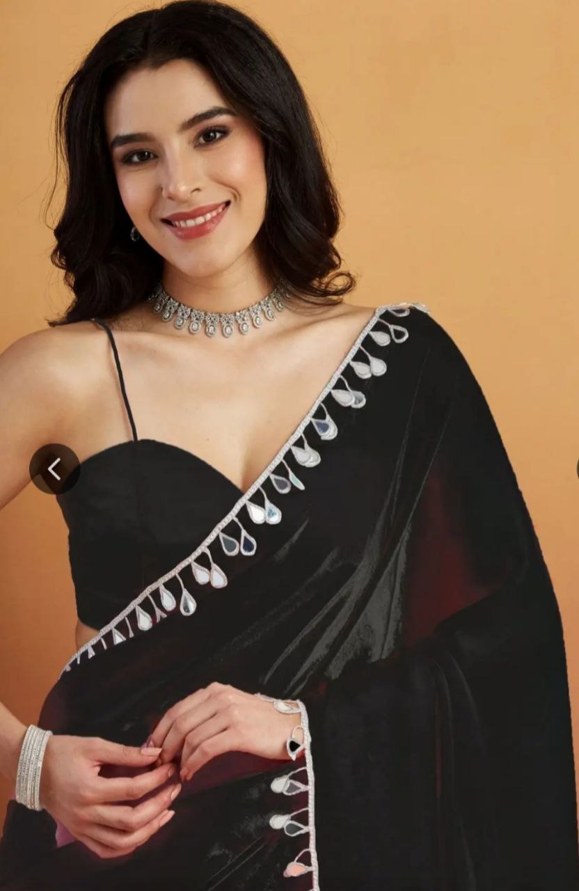 Pink Satin Silk Saree with Minimal Mirror Work – Party & Daily Wear k-27-mirroor work black