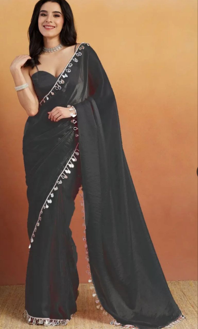 Pink Satin Silk Saree with Minimal Mirror Work – Party & Daily Wear k-27-mirroor work black