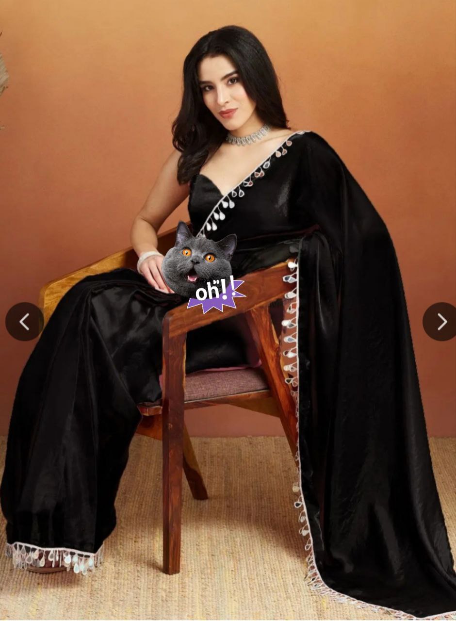 Pink Satin Silk Saree with Minimal Mirror Work – Party & Daily Wear k-27-mirroor work black