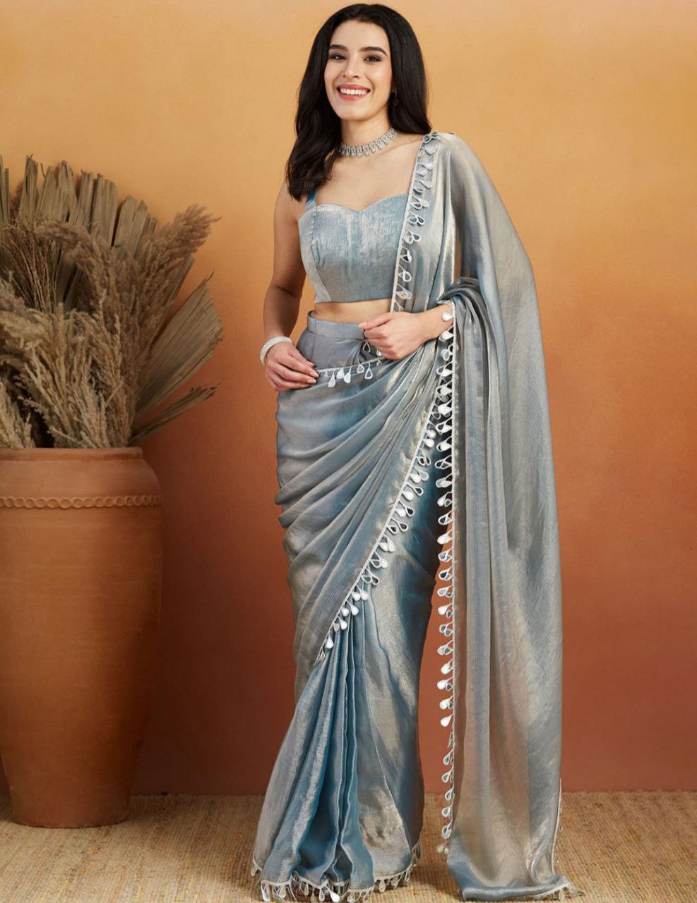 Pink Satin Silk Saree with Minimal Mirror Work – Party & Daily Wear k-27 mirror work grey