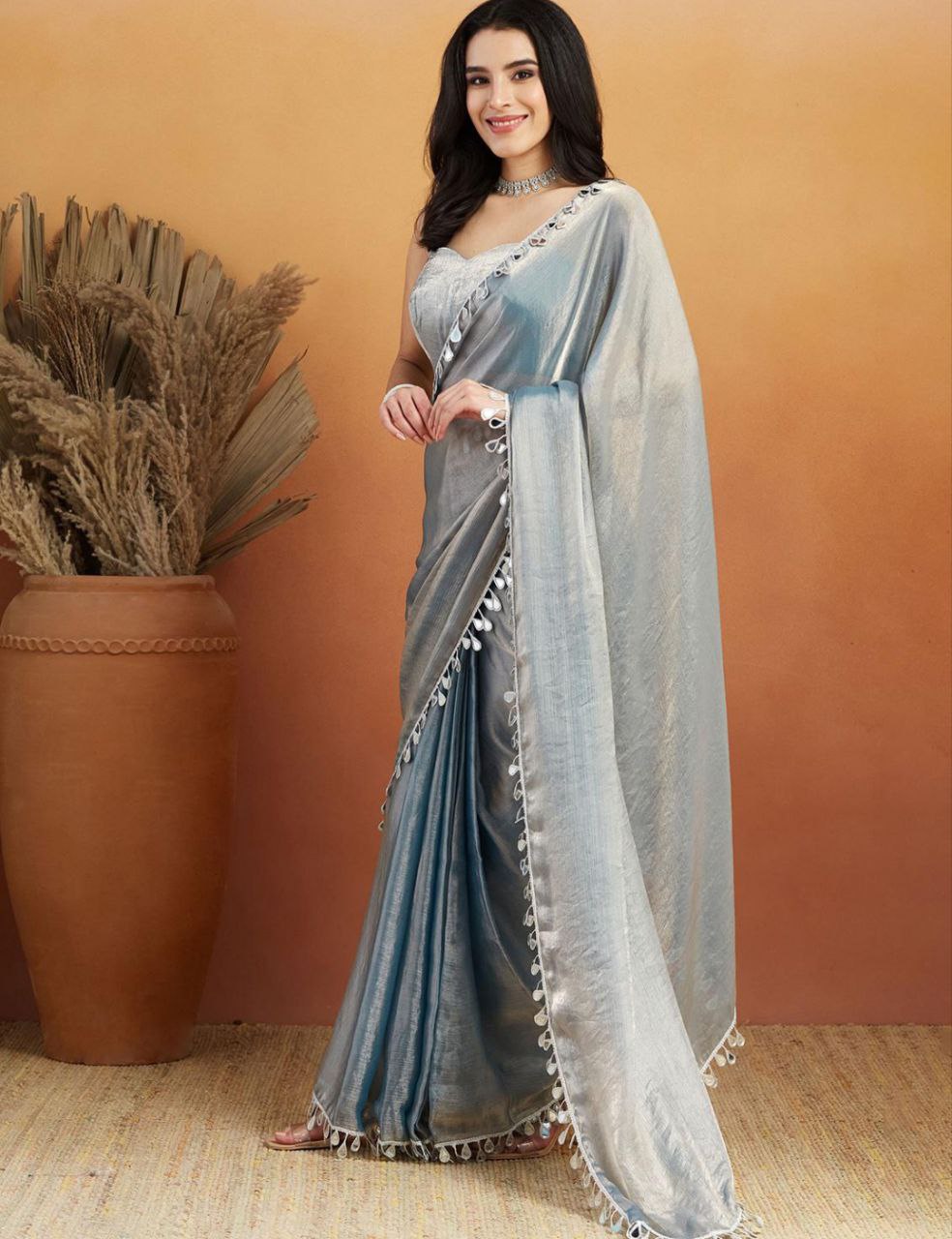 Pink Satin Silk Saree with Minimal Mirror Work – Party & Daily Wear k-27 mirror work grey