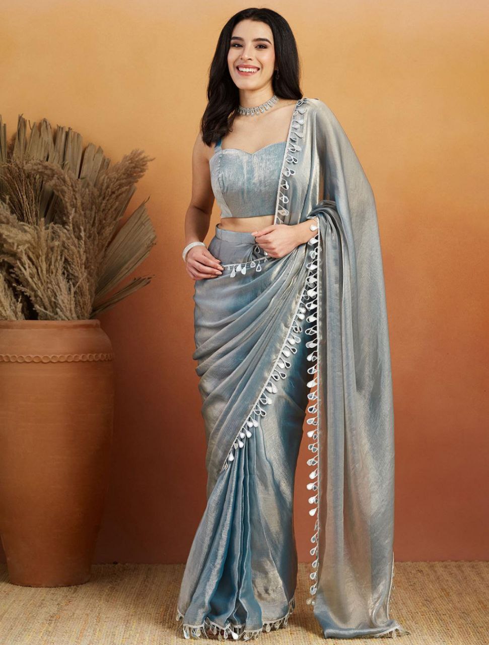 Pink Satin Silk Saree with Minimal Mirror Work – Party & Daily Wear k-27 mirror work grey