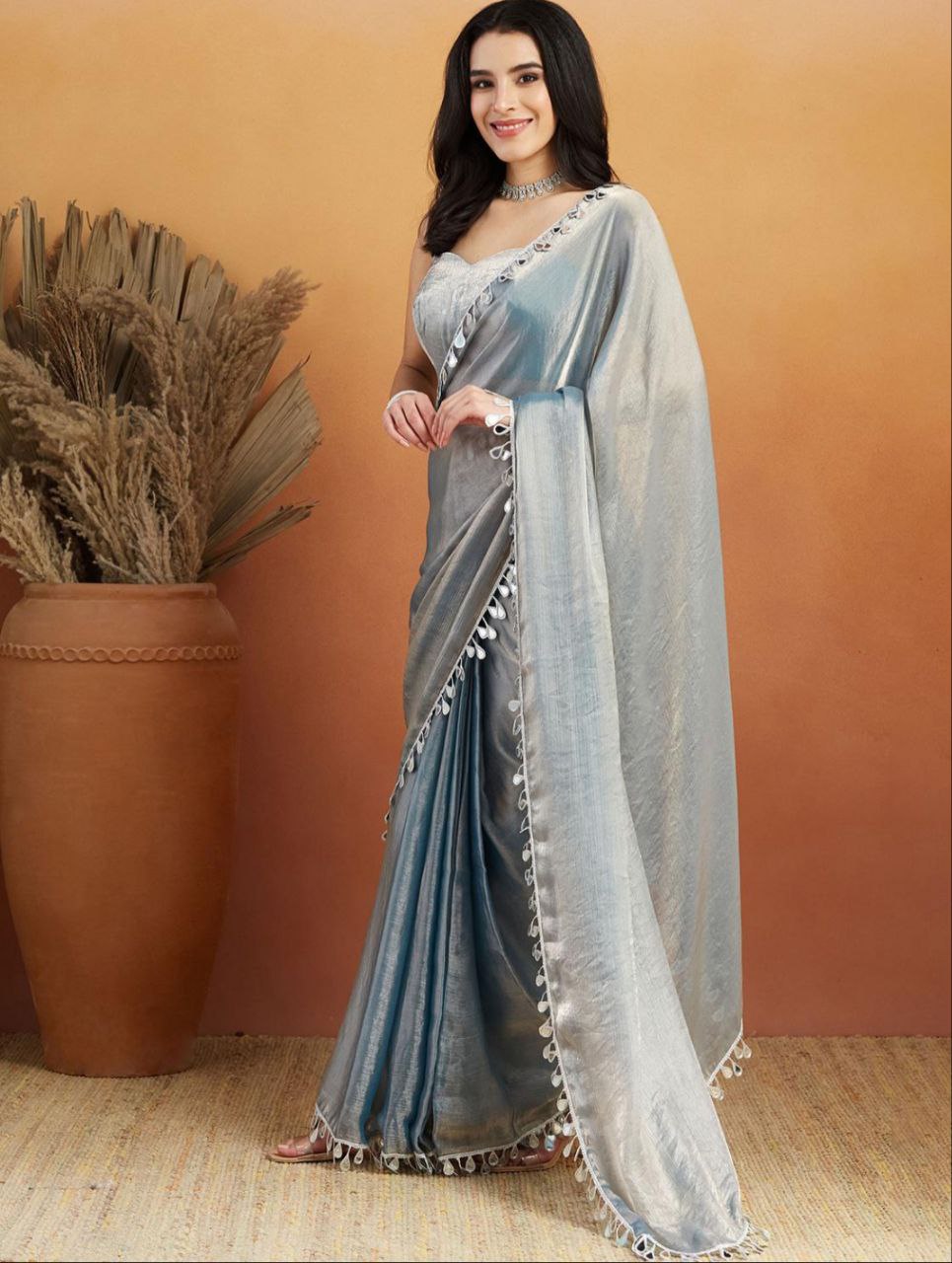 Pink Satin Silk Saree with Minimal Mirror Work – Party & Daily Wear k-27 mirror work grey