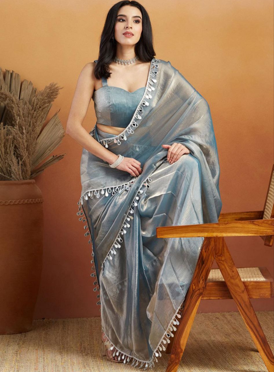 Pink Satin Silk Saree with Minimal Mirror Work – Party & Daily Wear k-27 mirror work grey