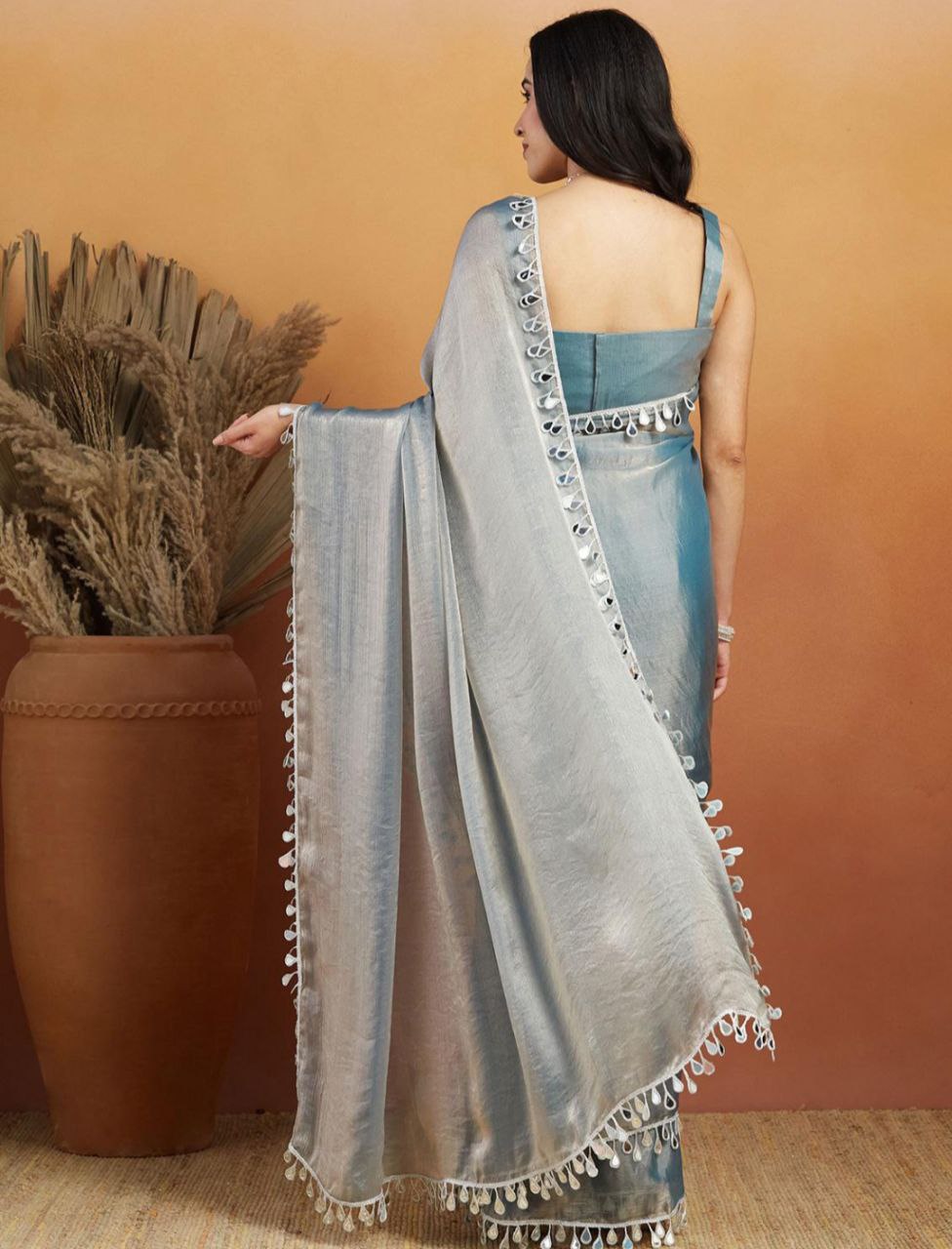 Pink Satin Silk Saree with Minimal Mirror Work – Party & Daily Wear k-27 mirror work grey